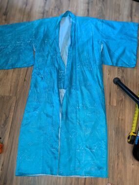 Kimono Robe, Blue, Silk Feel, Womens S/M